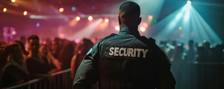 Back view of a security guard overlooking a crowd at an indoor concert setting