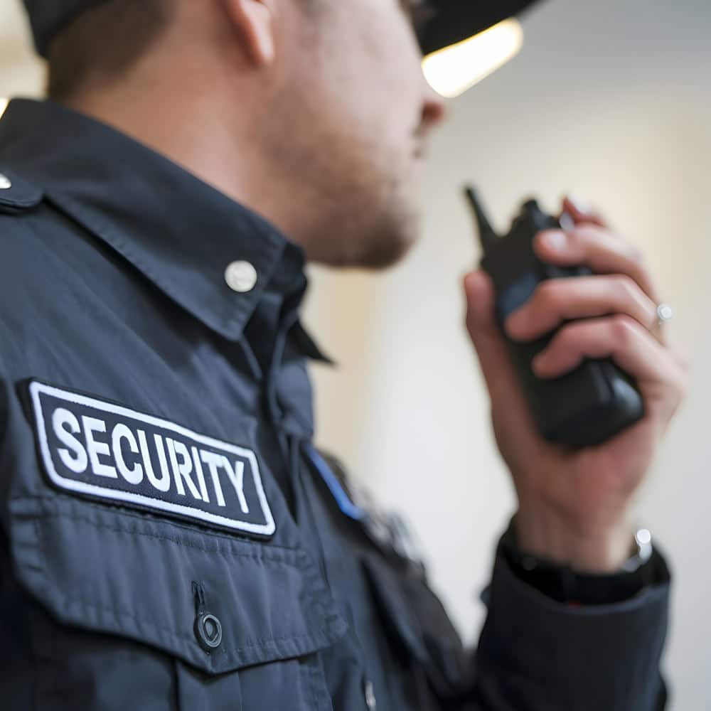 Professional Security Guard Using Walkie-Talkie